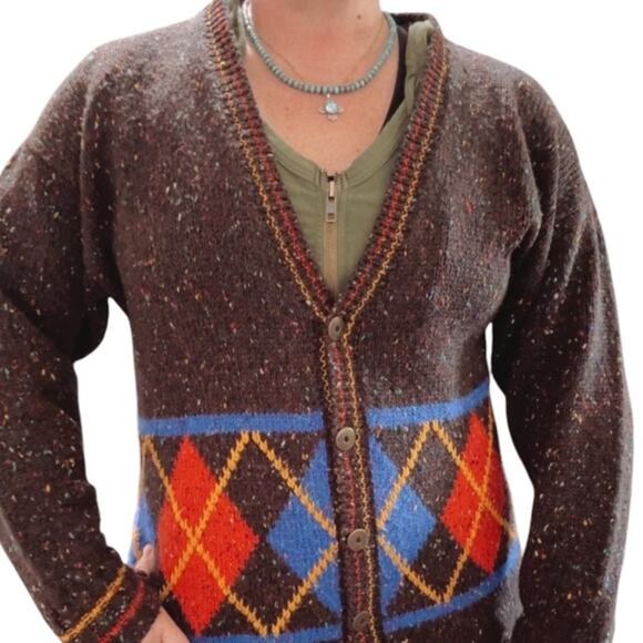 Vintage Cardigan Plaid Prep Argyle Thick Wool blend Button Small 80s - Picture 3 of 16